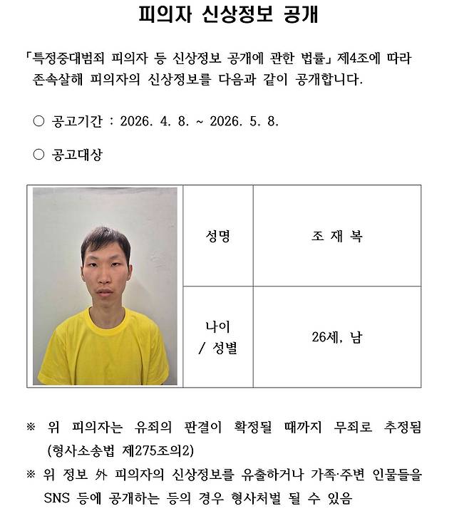 대구 캐리어 시신 사건 피의자인 조재복(26)의 신상이 8일 공개됐다. [사진 대구경찰청]