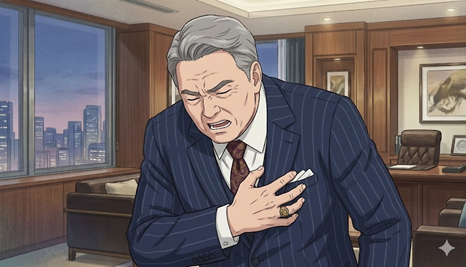 심장통증을 느낀 회장님, Gemini “본 이미지는 이해를 돕기 위해 AI로 생성된 가상 이미지입니다.”