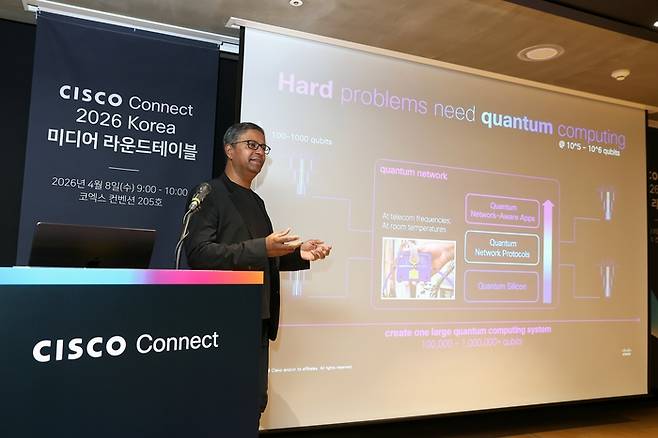 비조이 판데이 시스코 아웃시프트 수석 부사장 겸 총괄 매니저가 8일 서울 삼성동 코엑스에서 열린 ‘시스코 커넥트 2026 코리아’에서 발표하고 있다. 시스코코리아.