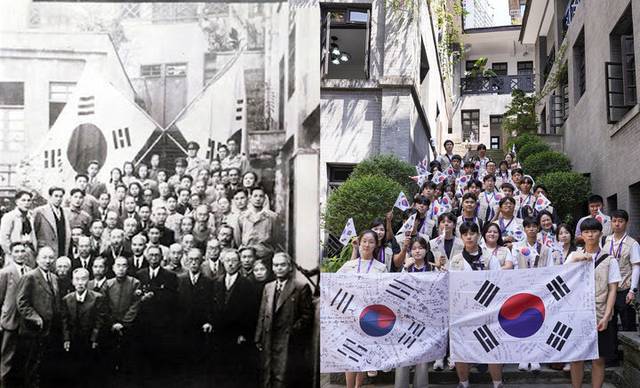 경북교육청의 사제동행 국외 독립운동길 순례단이 지난 2025년 8월2일 중국 충칭(重慶) 연화지에서 독립운동가들을 회상하면서 태극기와 함꼐 단체사진을 찍고 있다. 경북교육청 제공