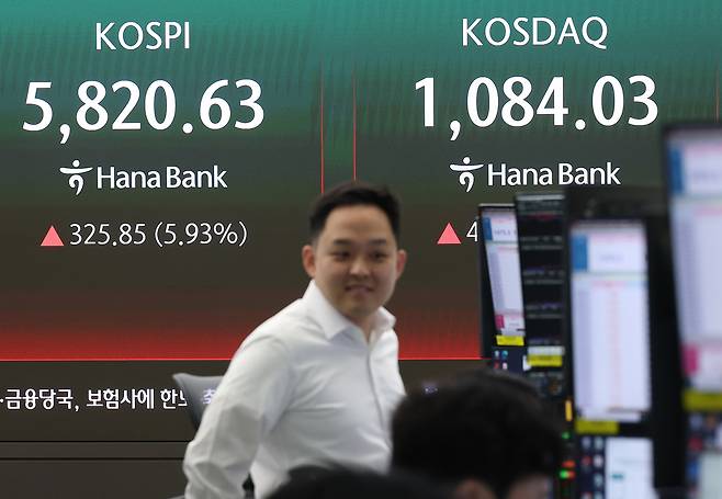 8일 서울 중구 하나은행 본점 딜링룸 현황판에 코스피, 코스닥 지수가 표시되고 있다. [연합]
