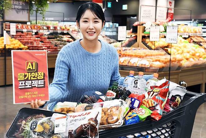 [서울=뉴시스] 모델이 홈플러스 메가 푸드 마켓 라이브 강서점에서 AI 물가안정 프로젝트 행사 상품을 소개하고 있다. (사진=홈플러스 제공)  *재판매 및 DB 금지