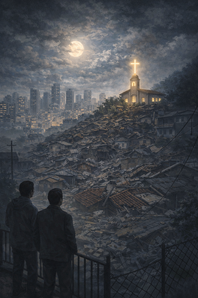서울의 아파트촌과 달동네를 배경으로 달동네 언덕 위에서 불을 비추고 있는 교회를 묘사한 AI 이미지.