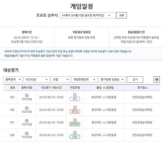 프로토 승부식 44회차 대상경기 정보.