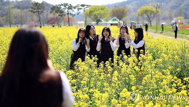 노란 꽃물결 속 추억 쌓기 (창녕=연합뉴스) 김동민 기자 = '제21회 창녕 낙동강유채축제' 개막을 하루 앞둔 8일 오후 경남 창녕군 남지읍 창녕 낙동강 유채단지에서 남지고등학교 학생들이 촬영하고 있다. 2026.4.8 image@yna.co.kr