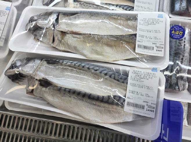 서울 용산구 이마트 용산점에서 노르웨이산 간고등어(아래)와 국산 간고등어가 나란히 진열돼 있다. (사진=한전진 기자)