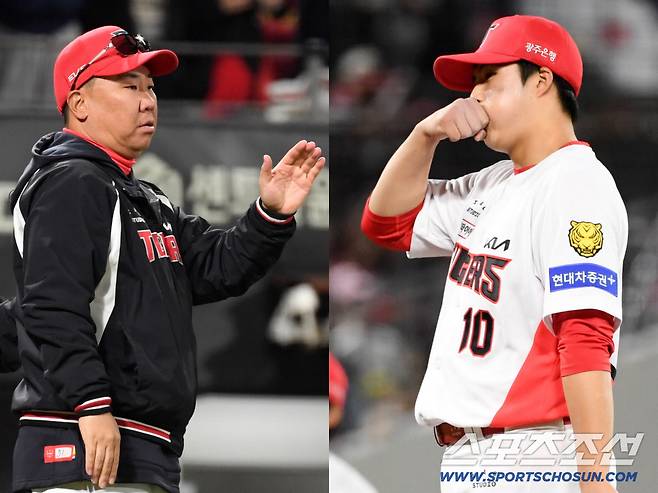 프로 데뷔 2년 만에 첫 승을 눈앞에 뒀던 선발 김태형이 스스로 무너지자 이범호 감독은 투수 교체를 단행했다. 광주=박재만 기자 pjm@sportschosun.com