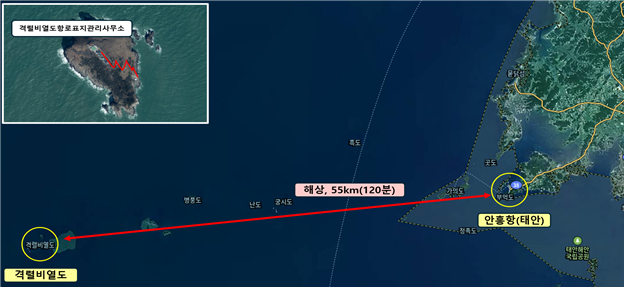 서해 중부 해상에서 약 55㎞ 떨어진 격렬비열도와 안흥항의 위치 관계를 나타낸 해상도. 격렬비열도항 개발 예정지가 서해 영해수호 거점으로 조성될 예정임을 보여준다. 대산지방해양수산청 제공