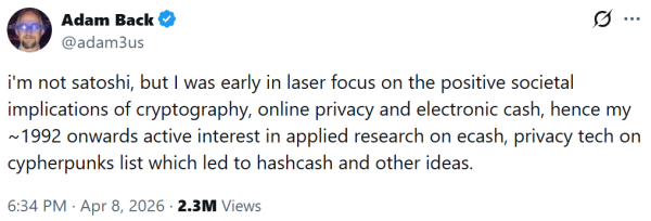 애덤 백이 자신의 엑스(X)에 올린 글. “나는 사토시가 아니다”라고 밝히고 있다. 엑스 갈무리