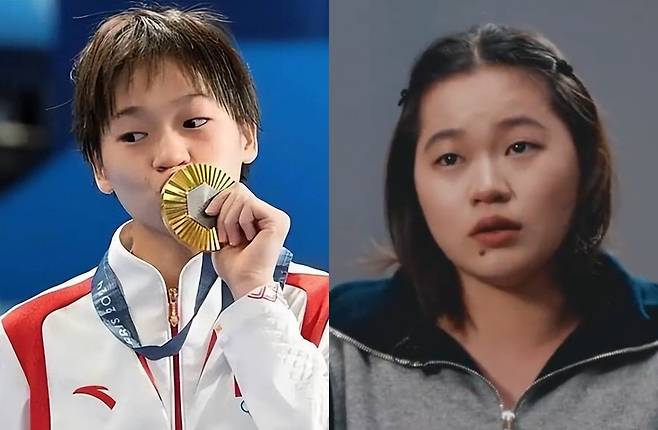 중국의 최연소 금메달리스트인 취안훙찬이 2024년 파리 올림픽에서 다이빙 종목 금메달을 획득한 뒤 포즈를 취하고 있는 모습. (왼쪽) / 취안훙찬은 최근 공개된 인터뷰 영상에서 “나와 가족, 친구들에게 대한 공격을 멈춰달라”며 눈물을 흘리고 있다. (오른쪽)
출처 : 바이두 캡처
