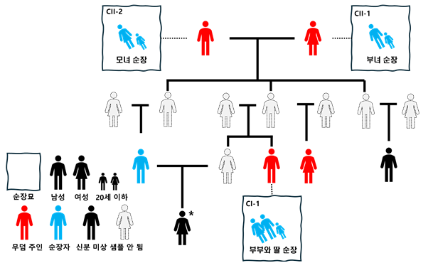무덤 주인 간 유추된 가족 관계와 가족 순장이 된 경우들을 도식화한 가계도. 순장묘를 묘사하는 사각형과 해당 묘의 무덤 주인은 점선으로 연결되어 있으며, 사촌 간 근친혼으로 태어난 여성(*)은 무덤 주인으로 추정. 회색 인물은 친족 관계를 기반으로 유추가능한 인물들을 표시한 것이다. 서울대 제공