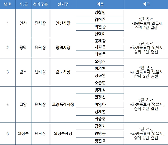 제9회 전국동시지방선거 공직선거후보자 선출을 위한 경선 결과(제1차) 명단 [사진=더불어민주당 경기도당]