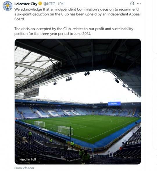승점 삭감 징계에 대한 항소가 기각된 소식을 전한 레스터 시티. / 사진=연합뉴스