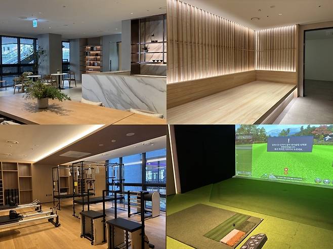 ‘오티에르 반포’ 커뮤니티 시설.(시계 방향부터 북 라운지, 테라피 라운지, 필라테스룸, 골프존) [백지연 기자]