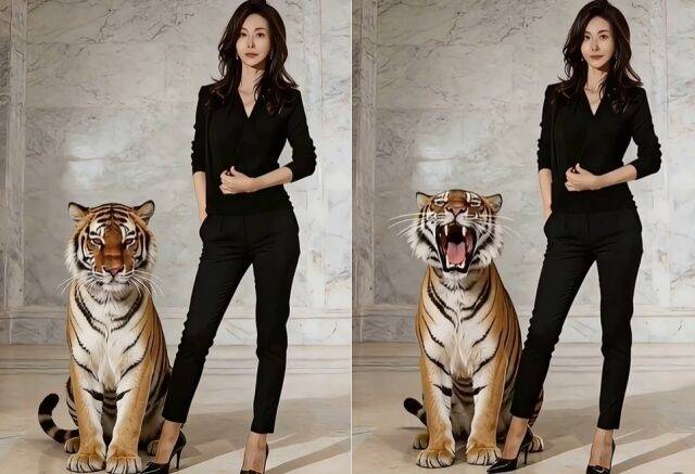 배우 성현아가 AI 이미지로 제작한 영상에서 호랑이와 나란히 포즈를 취했다./성현아 소셜미디어