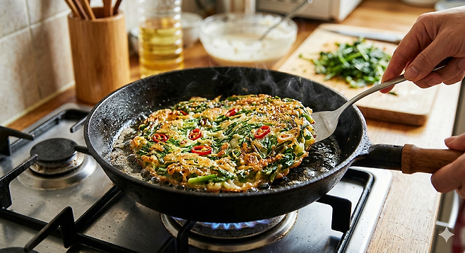 바삭하게 부쳐낸 세발나물전을 간장과 식초를 섞은 간장 양념장에 찍어 먹으면 밥&nbsp;반찬은 물론, 간단한 술안주로도 손색이 없다.&nbsp;구글 제미나이 생성 이미지