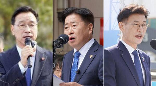 더불어민주당 제주도지사 본경선 투표가 10일 오후 마무리될 예정인 가운데, 투표 결과에 도민사회의 관심이 집중되고 있다. 사진 왼쪽부터 위성곤 국회의원, 오영훈 지사, 문대림 국회의원. (경선후보 기호 순)&nbsp;