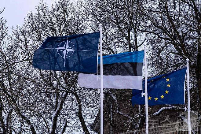 에스토니아 국경 도시 나르바에서 북대서양조약기구(NATO) 깃발과 에스토니아 국가, 유럽연합(EU) 깃발이 휘날리고 있다. 2024.12.24 ⓒ AFP=뉴스1