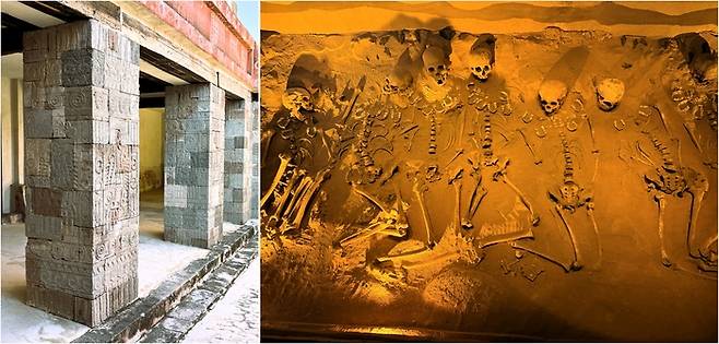 (좌)고대 건축물 내부 벽화 (우0고대 유물이 전시된 유적 박물관 한 켠에 땅속에 묻힌 실제 해골이 전시된 모습