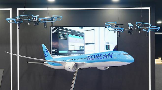 대한항공이 2021년 개발해 현재 시험 적용하고 있는 AI 점검 드론 군집비행을 이용한 외관 점검 모형도. 
대한항공 제공
