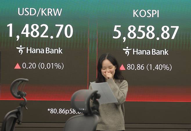 코스피가 전장보다 80.86포인트(1.40%) 오른 5858.87으로 마감한 10일 오후 서울 중구 하나은행 딜링룸에서 딜러들이 업무를 보고 있다. 연합뉴스