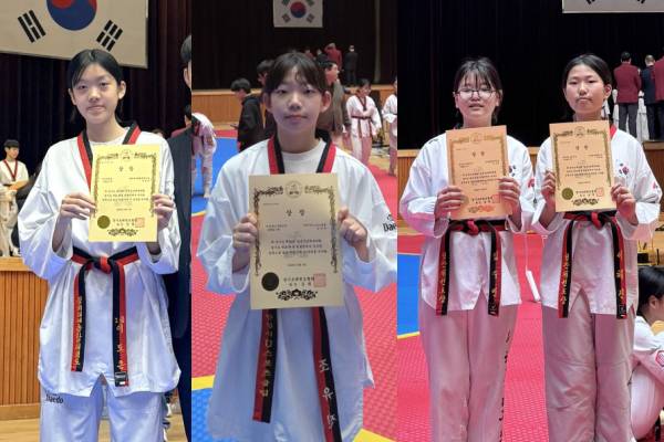 경기도 대표로 선발된 안산시 초·중등부 태권도 선수들이 기념촬영을 하고 있다. 왼쪽부터 이도은, 조유진, 김수연, 이혜진 선수. 안산시체육회 제공