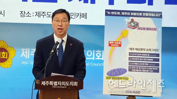 지난 ㄷㄹ 23일 기자회견을 열고 100조원 규모 해상풍력 슈퍼그리드 조성 계획 구상을 밝히고 있는 위성곤 의원. ⓒ헤드라인제주