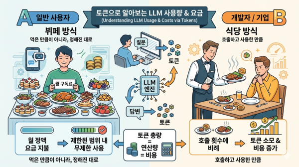 일반 사용자가 월 구독료를 내고 제한된 범위 내에서 사용하는 방식이 '뷔페'라면 개발자가 API를 통해 AI를 호출하는 방식은 '먹은 만큼 계산하는 식당'에 가깝다. /제미나이 생성 이미지