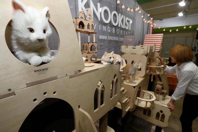 2018년 1월 19일 서울 코엑스에서 열린 '제2회 국제 캣산업 박람회'의 한 부스에서 캣타워를 판매하고 있다. 연합뉴스