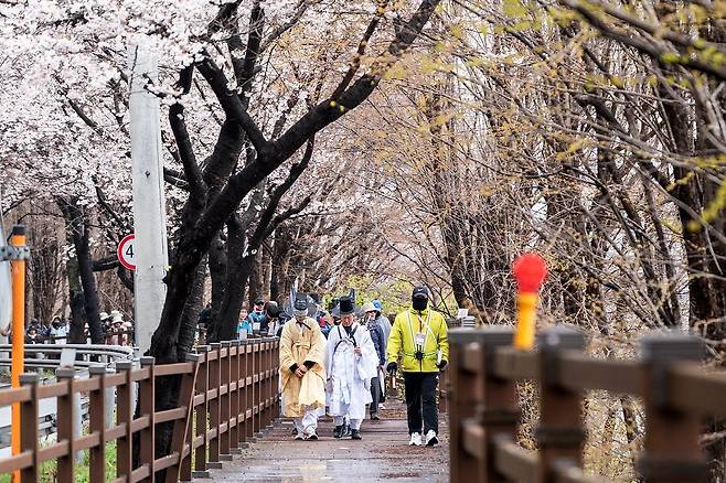 지난 8일 '퇴계 선생 마지막 귀향길 재현행사'에 참여한 참가자들이 충북 제천시 청풍면 구간을 걷고 있다. 사진 안동시