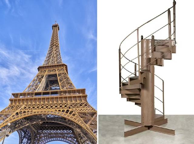 에펠탑 전경(왼쪽)과 경매에 출품된 에펠탑 계단 조각.  게티이미지뱅크, 경매 회사 아르큐리알(Artcurial) 캡처