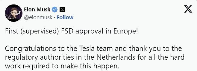 일론 머스크가 엑스를 통해 네덜란드의 FSD 승인을 알리고 있다. 엑스 계정 캡처