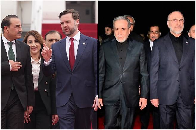 미국과 이란 대표단이 4월11일(현지시간) 파키스탄 수도 이슬라마바드에서 전쟁 종식을 위한 회담에 돌입했다. 사진은 이슬라마바드로 입국하는 미국 대표단(왼쪽)과 이란 대표단 ⓒ AP·EPA=연합뉴스