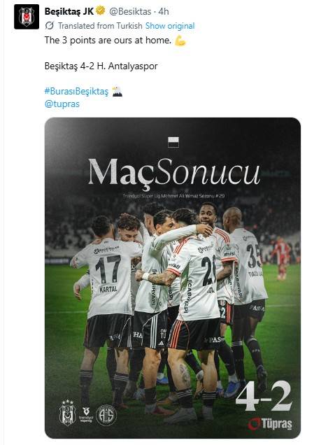 승리 소식을 전한 베식타시. [베식타시 구단 SNS. 재판매 및 DB 금지]