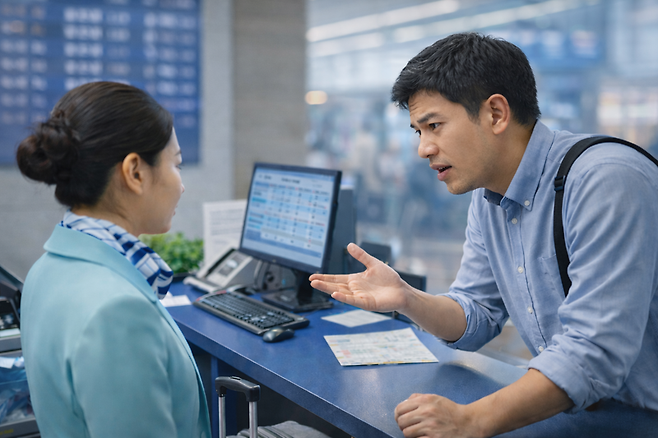 항공편 결항과 관련해 항의하는 남성의 모습을 생성형 인공지능(AI)을 활용해 만든 이미지