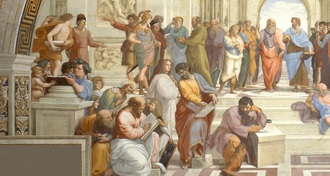 라파엘로의 대작 ‘아테네 학당’에서 15세기 철학자 피코 델라미란돌라로 추정되는 인물(가운데). 그는 인간의 자유의지와 사상의 통합을 주장했다. 책에 뭔가를 쓰고 있는 인물은 피타고라스, 계단 위에서 하늘을 가리키는 인물은 플라톤, 땅을 헤아리는 인물은 아리스토텔레스다. [Wikimedia Commons]