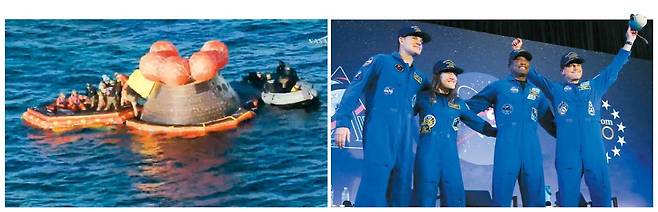 달 탐사 임무 마치고 지구별 복귀 아르테미스 2호 우주비행사들이 지난 10일(현지시간) 미국 캘리포니아주 샌디에이고 인근 바다에 착수한 뒤 우주선에서 나오고 있다. 미국 항공우주국(NASA)은 이날 우주비행사 4명을 태운 아르테미스 2호가 50여 년 만의 유인 달 근접 비행 임무를 성공적으로 마치고 귀환했다고 밝혔다(왼쪽 사진). 제러미 핸슨, 크리스티나 코크, 빅터 글로버, 리드 와이즈먼(왼쪽부터) 등 아르테미스 2호 우주비행사들이 11일 미국 텍사스주 휴스턴 엘링턴 필드에서 열린 귀환 행사 무대에 오르고 있다.  NASA·AFP연합뉴스·AP연합뉴스