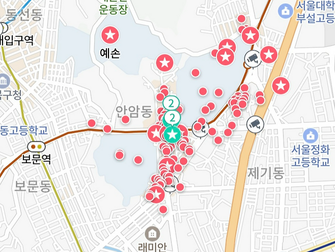 서울 성북구 고려대 인근에서 한끼를 8000원 이하로 해결할 수 있는 식당들 지도 [고려대 커뮤니티 갈무리]