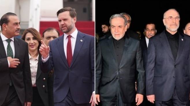 미국 대표단(왼쪽)과 이란 대표단. 연합뉴스