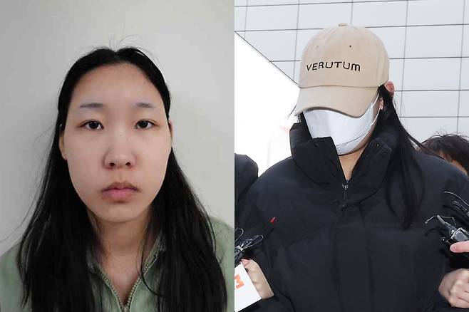 서울 강북구 수유동 모텔에서 남성 2명을 숨지게 한 혐의를 받는 김소영 머그샷. 오른쪽은 김씨가 지난 2월12일 서울북부지법에서 영장실질심사를 받기 위해 출석하고 있다.&nbsp;서울북부지검 제공·연합뉴스
