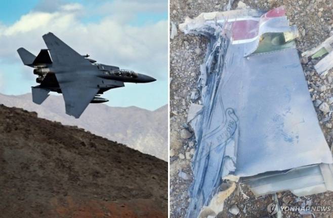 왼쪽은 F-15 전투기 자료사진, 오른쪽은 이란이 공개한 격추된 미 F-15E 전투기의 잔해. 로이터 연합뉴스