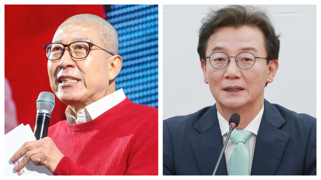 왼쪽부터 박형준 부산시장과 더불어민주당 전재수 의원. 김종진 기자 kjj1761@·연합뉴스