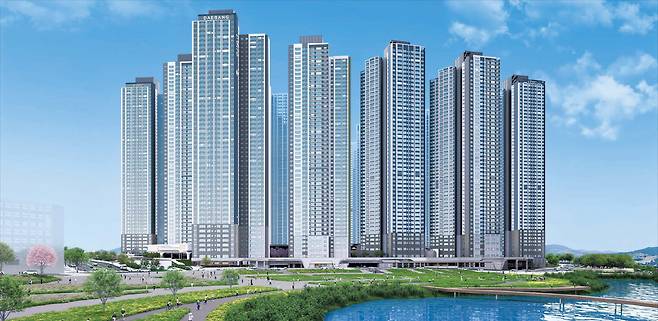 대방건설이 분양을 앞둔 ‘옥정중앙역 디에트르’의 완공 후 예상 모습. 옥정신도시에서도 핵심 입지인 중심상업지구와 대규모 옥정호수공원과 맞닿아 있다. 향후 수도권 지하철 7호선 연장 계획에 따라 단지 바로 앞에 지하철역이 들어서면 교통이 더욱 편리해질 전망이다. /대방건설