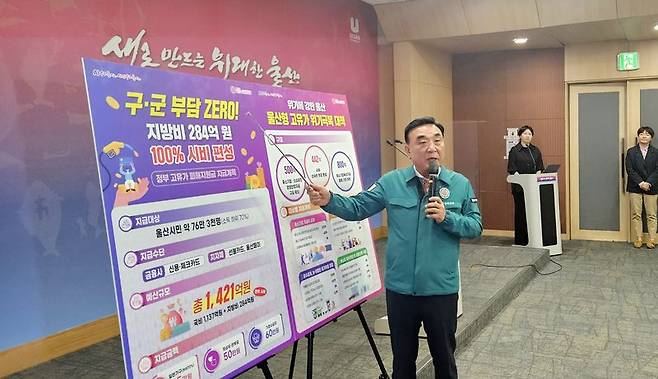 김두겸 울산시장이 13일 언론 브리핑을 통해 고유가 피해지원금 지원과 울산형 특화사업에 대해 설명하고 있다. 울산시 제공