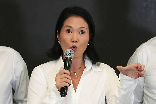 후지모리 케이코 페루 대통령 후보가 12일(현지시간) 리마에서 연설하고 있다. 로이터연합뉴스