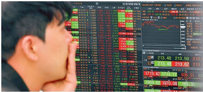 중동사태로 인한 고유가·고환율이 지속되면서 국내 증시 변동성이 커지고 있다. 고액 자산가들은 저점 매수의 ‘완벽한 타이밍’을 쫓기보다 안정형 상품과 위험 상품을 활용해 자산을 운용한다. 사진은 서울 중구 우리은행 딜링룸에서 한 직원이 코스피 지수와 원/달러 환율 등을 살펴보고 있는 모습.  [헤럴드 DB]