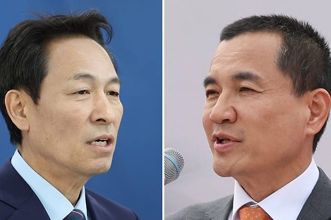 강원지사 선거에 출마한 우상호 전 청와대 정무수석(왼쪽)과 재선에 도전하는 김진태 현 지사. 연합뉴스