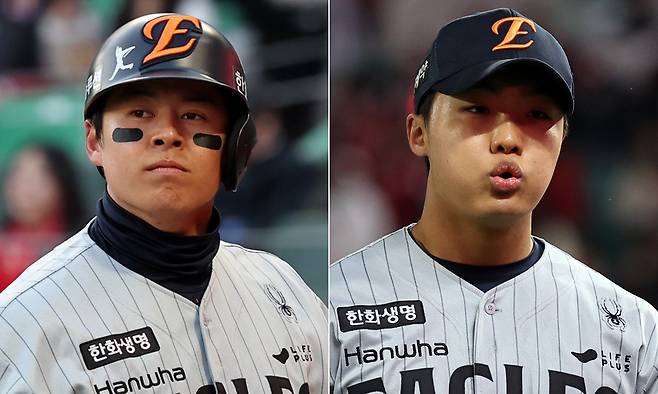 노시환(왼쪽), 정우주.