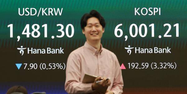 <YONHAP PHOTO-2586> 코스피, 30거래일만 장중 6000 재돌파 (서울=연합뉴스) 한종찬 기자 = 코스피 지수가 장중 6000 재돌파한 14일 서울 중구 하나은행 본점 딜링룸 현황판에 코스피, 코스닥 지수와 환율이 표시되고 있다. 2026.4.14 saba@yna.co.kr/2026-04-14 10:37:06/ <저작권자 ⓒ 1980-2026 ㈜연합뉴스. 무단 전재 재배포 금지, AI 학습 및 활용 금지>