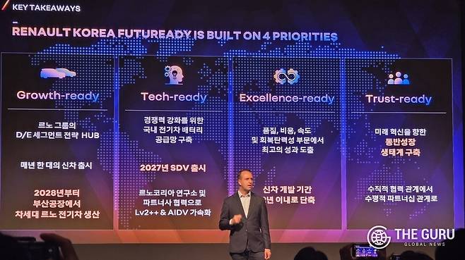 니콜라 파리 르노코리아 사장이&nbsp;14일 서울 용산구 그랜드 하얏트 호텔에서 열린 미디어 컨퍼런스에서 발표하고 있다. (사진=정예린 기자)